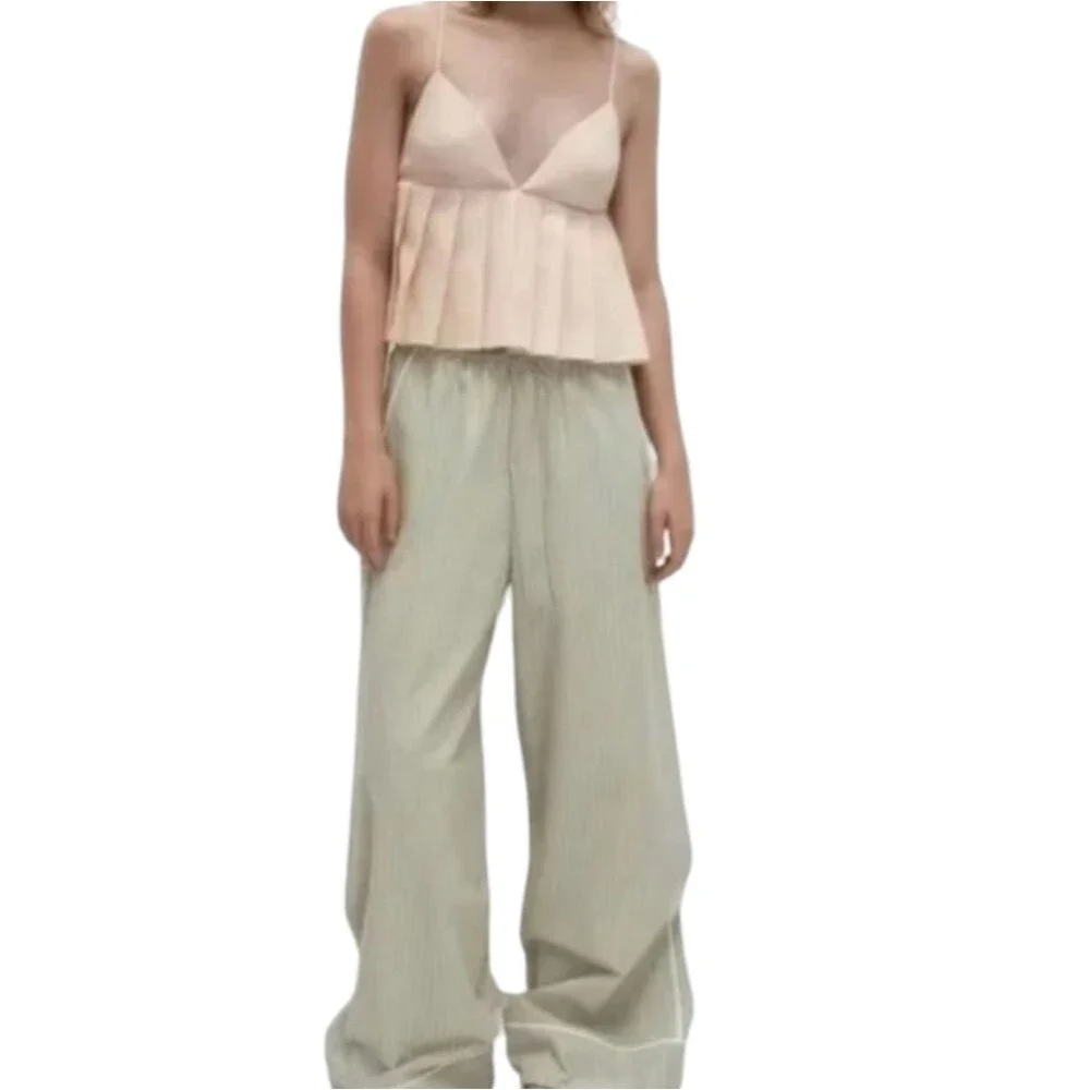 Zara Tank Top Pinstriped Crop Babydoll Peplum V Neck Straps Cotton Cream Pink S - Picture 10 of 10